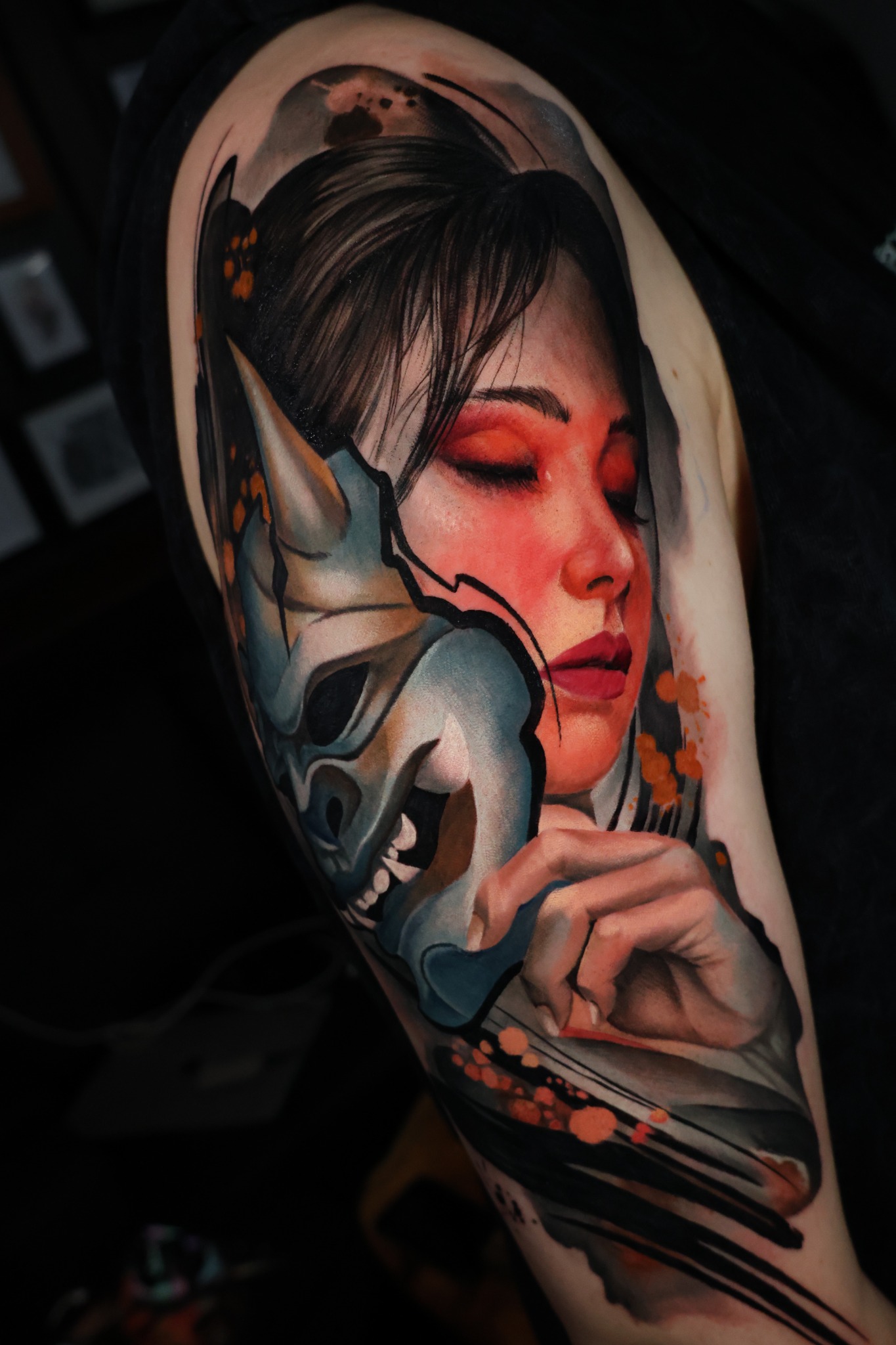 Colour realism tattoo portrait with animal detail