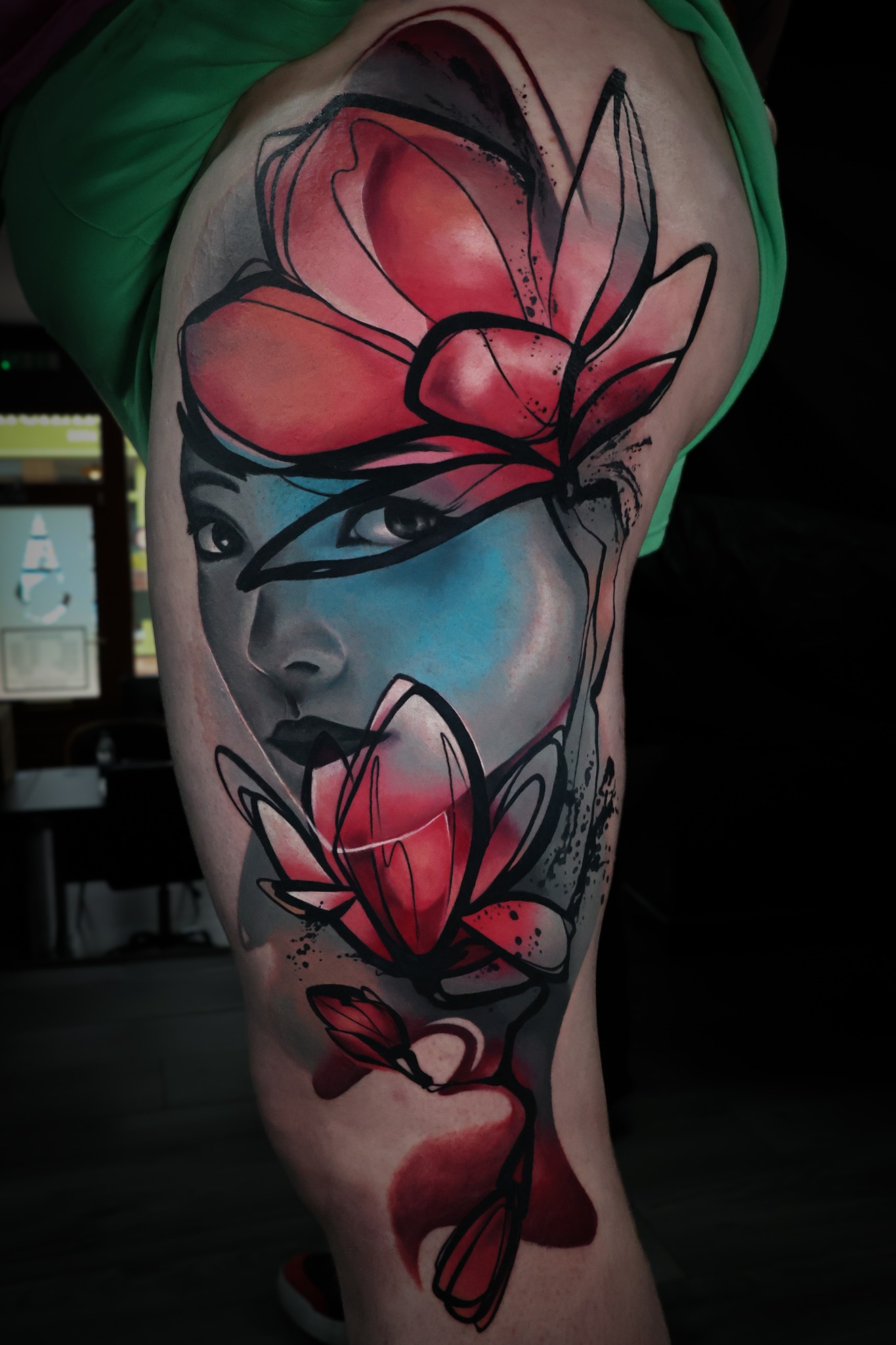 Colour tattoo portrait with floral composition